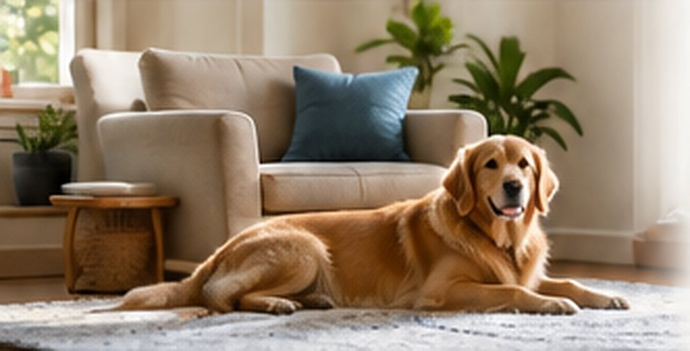 A golden retriever resting beside a comfortable armchair
