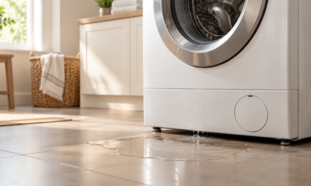 A washing machine leaking water onto the floor